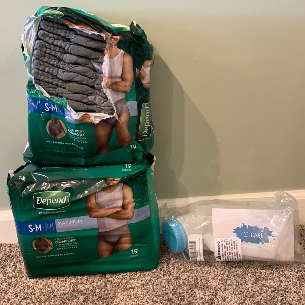 2 packs of depends, one opened & male urinal